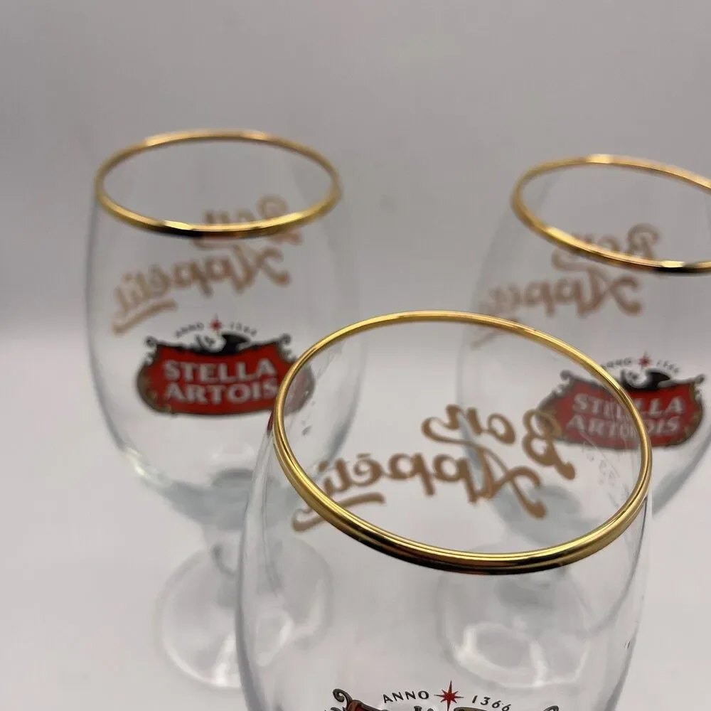 Stella Artois Gold Rim Belgium Chalice .33cl Beer Glasses - Set of 3